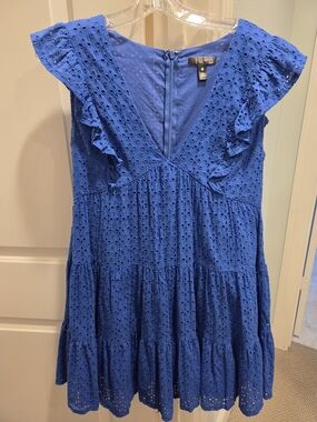 Aqua Royal Blue Eyelet Ruffle Tiered Dress Size Medium